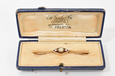 Lot 752 - Edwardian diamond and opal two colour gold bar brooch in case
