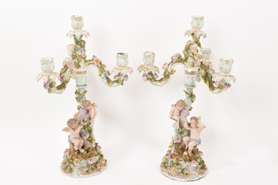 Lot 342 - A pair Dresden three branch candelabra