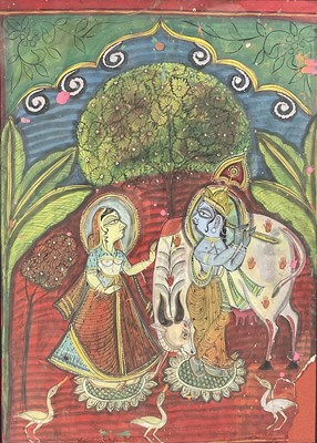 Lot 34 - Antique Indian gouache painting of Krishna and Radha with a cow, framed and glazed, 33.5cm x 23.5cm