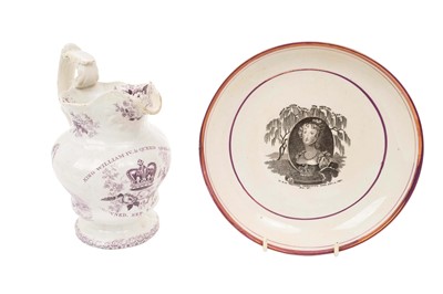 Lot 145 - King William IV & Queen Adelaide Coronation 1831 commemorative jug with printed puce portraits and crowned rose,thistle and chamrock decoration 18cm high and H.R.H. Princess Charlotte 'died...