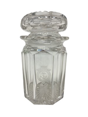 Lot 199 - The Royal Yacht Osborne, scarce Victorian facet cut glass sweet jar and cover engraved with Prince of Wales feather crest ,' Royal Yacht Osborne ' in ribbon and central fouled anchor 15cm