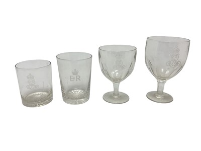 Lot 197 - The Royal Yacht 'Victoria & Albert', two King Edward VII wine glasses and similar tumbler, finely engraved with crowned ERVII cyphers and another tumbler with engraved crowned ERII cypher (4...