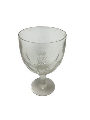 Lot 197 - The Royal Yacht 'Victoria & Albert', two King Edward VII wine glasses and similar tumbler, finely engraved with crowned ERVII cyphers and another tumbler with engraved crowned ERII cypher (4...