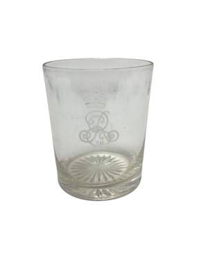 Lot 197 - The Royal Yacht 'Victoria & Albert', two King Edward VII wine glasses and similar tumbler, finely engraved with crowned ERVII cyphers and another tumbler with engraved crowned ERII cypher (4...