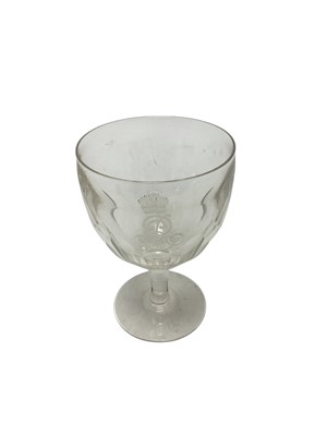 Lot 197 - The Royal Yacht 'Victoria & Albert', two King Edward VII wine glasses and similar tumbler, finely engraved with crowned ERVII cyphers and another tumbler with engraved crowned ERII cypher (4...