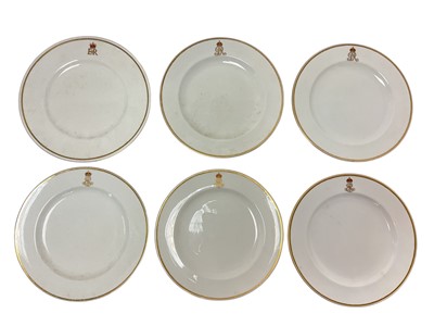 Lot 195 - Five Royal Crown Derby Royal Yacht dinner plates with painted crowned King Edward VIII (3) and King George V (2) Royal cyphers to the gilt lined borders and similar Mintons Queen Elizabeth II di...