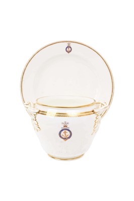 Lot 191 - The Royal Yacht 'Osborne', Derby sucrier with finely painted Prince of Wales feather crest and 'Royal Yacht Osborne' in garter with central fouled anchor, and similarly decorated dessert plate (...