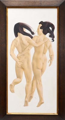 Lot 1409 - *Francis Plummer (1930-2019) acrylic on board - Gambol, signed with initial P., dated '78, titled verso, 60cm x 28cm, framed
