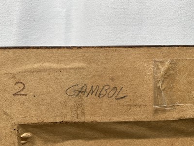 Lot 1078 - *Francis Plummer (1930-2019) acrylic on board - Gambol, signed with initial P., dated '78, titled verso, 60cm x 28cm, framed