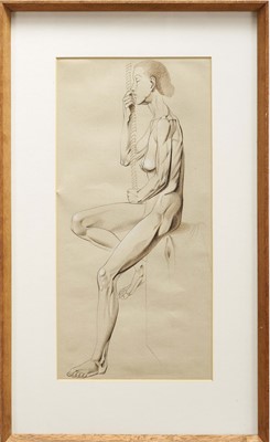 Lot 1408 - *Francis Plummer (1930-2019) monochrome pen, ink and watercolour - Woman with Rope, titled verso, 50cm x 24cm, glazed frame