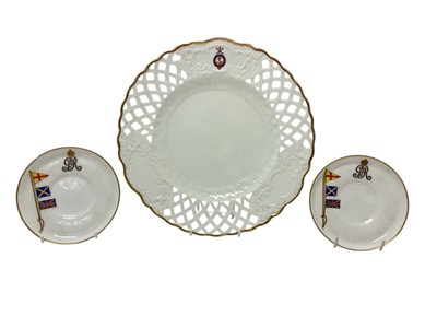 Lot 189 - The Royal Yacht 'Osborne', Crown Derby ribbon dessert plated with finely painted Prince of Wales feather crest and 'Royal Yacht Osborne' in garter with central fouled anchor and two Roral Worces...