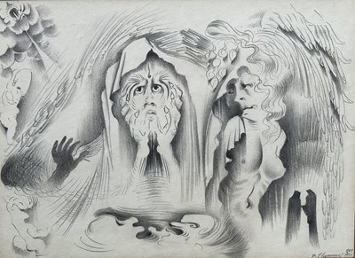 Lot 1079 - *Francis Plummer (1930-2019) pencil drawing - Abstract figures, signed and dated 1949 & 1952, 18cm x 25cm, in glazed frame