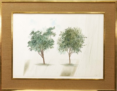 Lot 1404 - *Francis Plummer (1930-2019) watercolour - Trees in the Rain, signed with initial P., dated '74, titled verso, 42cm x 59cm, in glazed frame