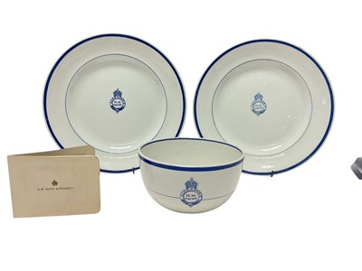 Lot 187 - H.M. Yacht 'Alexandra' blue banded breakfast bowl with printed crowned H.M. Yacht 'Alexandra' cypher and two matching dinner plates (3)