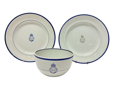 Lot 186 - H.M. Yacht 'Victoria & Albert' blue banded breakfast bowl with printed crowned 'H.M.Yacht Victoria & Albert' cypher and two matching dinner plates (3)