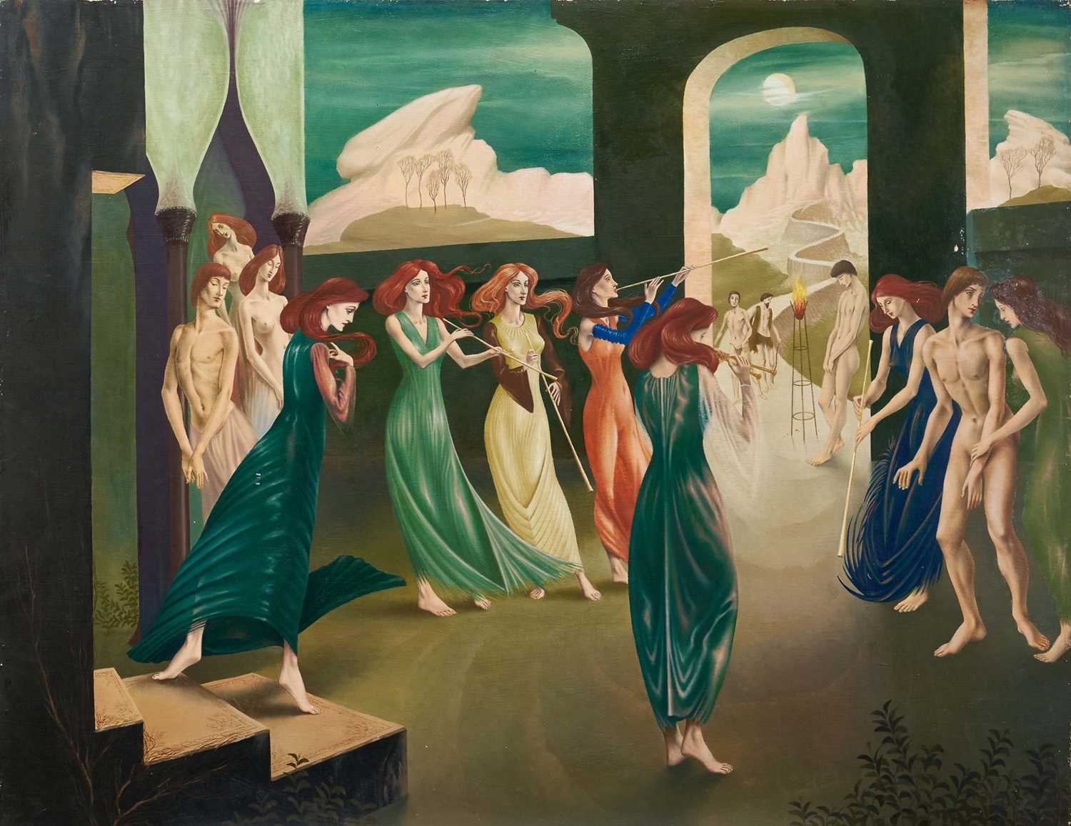 Lot 1403 - *Francis Plummer (1930-2019) oil on board - Figures and musicians in a temple with moonlit landscape beyond, 71cm x 91cm, unframed