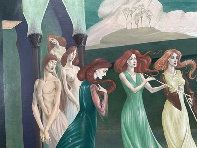 Lot 1403 - *Francis Plummer (1930-2019) oil on board - Figures and musicians in a temple with moonlit landscape beyond, 71cm x 91cm, unframed