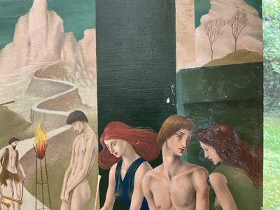 Lot 1403 - *Francis Plummer (1930-2019) oil on board - Figures and musicians in a temple with moonlit landscape beyond, 71cm x 91cm, unframed
