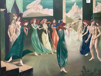 Lot 1403 - *Francis Plummer (1930-2019) oil on board - Figures and musicians in a temple with moonlit landscape beyond, 71cm x 91cm, unframed