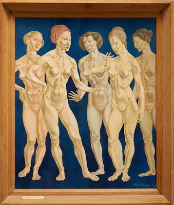 Lot 1402 - *Francis Plummer (1930-2019) egg tempera on board - The Conversants, signed and dated 1955, titled to label, 60cm x 50cm, framed