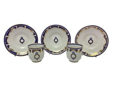 Lot 183 - Pair Edwardian Copeland Royal yacht teacups and three saucers decorated with crowned'The Royal Yacht' in garter scroll cyphers and blue and gilt scrolls (5)
