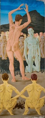 Lot 1401 - * Francis Plummer (1930-2019) egg tempera on board - The Gathering, signed and dated Feb. '70, 160cm x 62cm, unframed