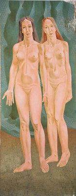 Lot 1400 - *Francis Plummer (1930-2019) egg tempera on board - Two female nudes, signed and dated '72, 160cm x 62cm, unframed