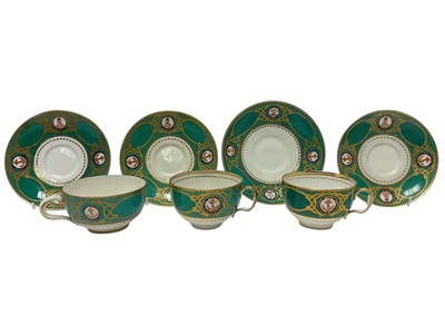 Lot 179 - H.R.H. Edward Prince of Wales Royal Yacht 'Osborne' teacup with green and gilt ground and finely painted cyphers and three matching H.M. King Edward VII Royal Yacht tea cups and four saucers (7)<...