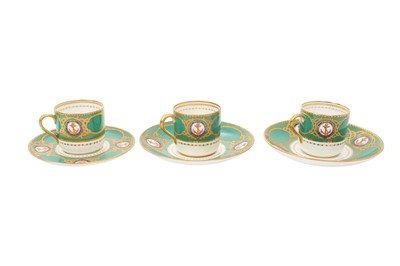 Lot 178 - H.M. King Edward VII Royal Yacht coffee can and saucer with green and gilt ground and finely painted cyphers and pair matching H.M. King George V Royal Yacht coffee cans with saucers (6)