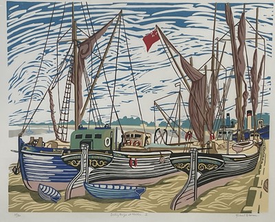 Lot 1 - Michael Blooman 20th century signed linocut - Barges at Maldon I, 53cm x 66cm, numbered 27/50, in glazed frame