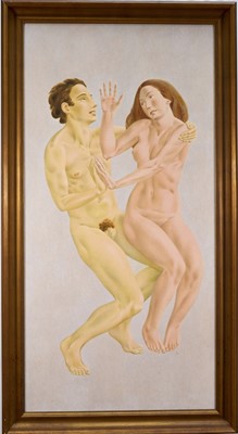 Lot 1399 - *Francis Plummer (1930-2019) egg tempera on board - Like-Unlike, signed with initial P., dated '72, titled verso, 120cm x 60cm, framed