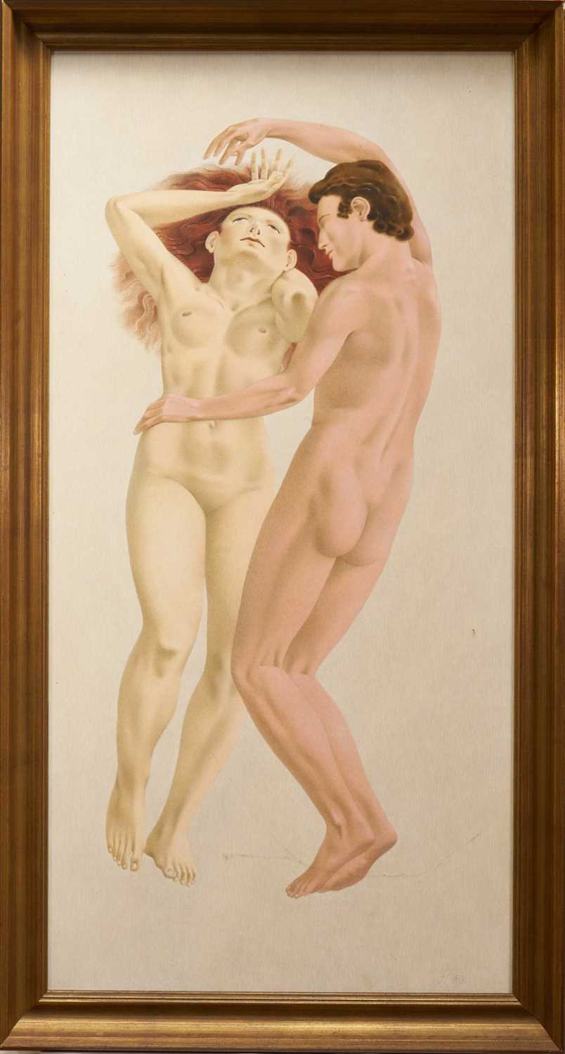 Lot 1074 - *Francis Plummer (1930-2019) egg tempera on board - Love Play, signed with initial P., dated '76, titled verso, 120cm x 60cm, framed