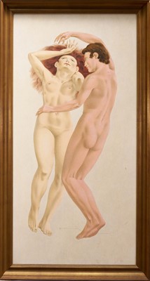 Lot 1398 - *Francis Plummer (1930-2019) egg tempera on board - Love Play, signed with initial P., dated '76, titled verso, 120cm x 60cm, framed