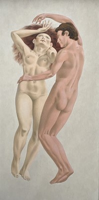 Lot 1074 - *Francis Plummer (1930-2019) egg tempera on board - Love Play, signed with initial P., dated '76, titled verso, 120cm x 60cm, framed