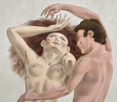 Lot 1074 - *Francis Plummer (1930-2019) egg tempera on board - Love Play, signed with initial P., dated '76, titled verso, 120cm x 60cm, framed
