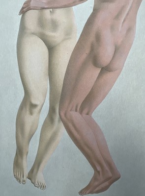 Lot 1074 - *Francis Plummer (1930-2019) egg tempera on board - Love Play, signed with initial P., dated '76, titled verso, 120cm x 60cm, framed