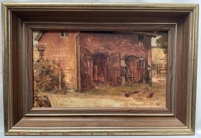 Lot 1326 - *Tom Coates (1941-2023) oil on board - Stables at Sutton Mill, Warwickshire, initialled, 15cm x 26cm, framed
