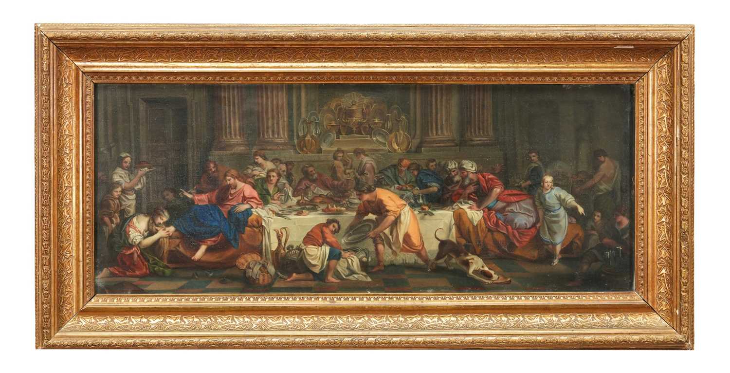 Lot 1328 - After Pierre Subleyras (1699-1749), 19th century oil on canvas - Christ at the House of Simon the Pharisee, 25cm x 63cm, in glazed gilt frame