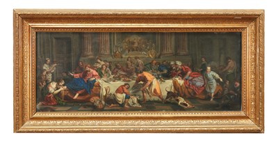 Lot 1328 - After Pierre Subleyras (1699-1749), 19th century oil on canvas - Christ at the House of Simon the Pharisee, 25cm x 63cm, in glazed gilt frame