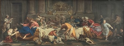 Lot 1328 - After Pierre Subleyras (1699-1749), 19th century oil on canvas - Christ at the House of Simon the Pharisee, 25cm x 63cm, in glazed gilt frame