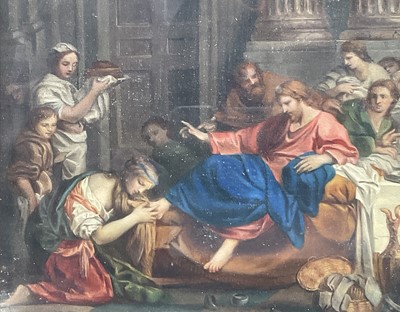 Lot 1328 - After Pierre Subleyras (1699-1749), 19th century oil on canvas - Christ at the House of Simon the Pharisee, 25cm x 63cm, in glazed gilt frame