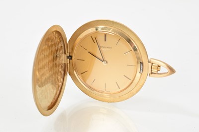Lot 793 - Longines 9ct gold pocket watch with button-wind movement in a slim gold case with brushed satin finish, 43mm diameter.