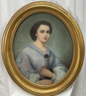 Lot 1265 - Victorian English School oval pastel portrait of a lady in mauve dress, 69cm x 57cm, in oval glazed gilt frame