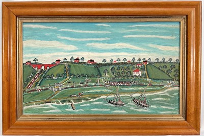 Lot 1022 - Ernie Turner (1899-1977) oil on board - Naive Coastal Landscape, 22cm x 37cm, in maple veneered frame