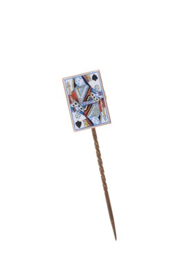 Lot 757 - Victorian novelty gold and enamel stick pin in the form of a playing card depicting the Queen of Clubs, the gold plaque mounted on a brass pin. The plaque measuring approximately 18.2mm x 12.3mm...