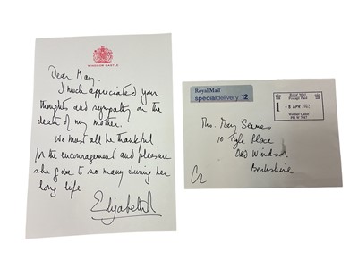 Lot 155 - H.M. Queen Elizabeth II, handwritten and part autopen letter postmark dated to 8th April 2002 and written on Windsor Castle headed writing paper.The Queen thanks May for her letter of condolence...