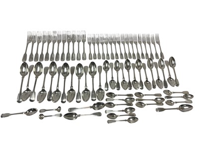 Lot 598 - Composite canteen of Victorian silver Fiddle and Thread pattern flatware, some with engraved crests, comprising 12 dinner forks, 17 start...
