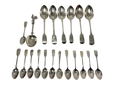 Lot 599 - Collection of Georgian and later silver flatware to include six various Fiddle pattern table spoons, twelve various fiddle patt...