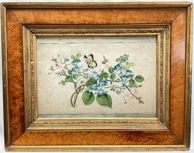 Lot 1341 - 19th century Chinese still life painting on rice paper, a butterfly among foliage, 32cm x 22cm, in glazed antique maple and gilt frame
