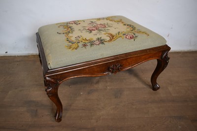 Lot 1602 - Mid 19th century carved walnut stool, with slip in tapestry seat on carved cabriole legs